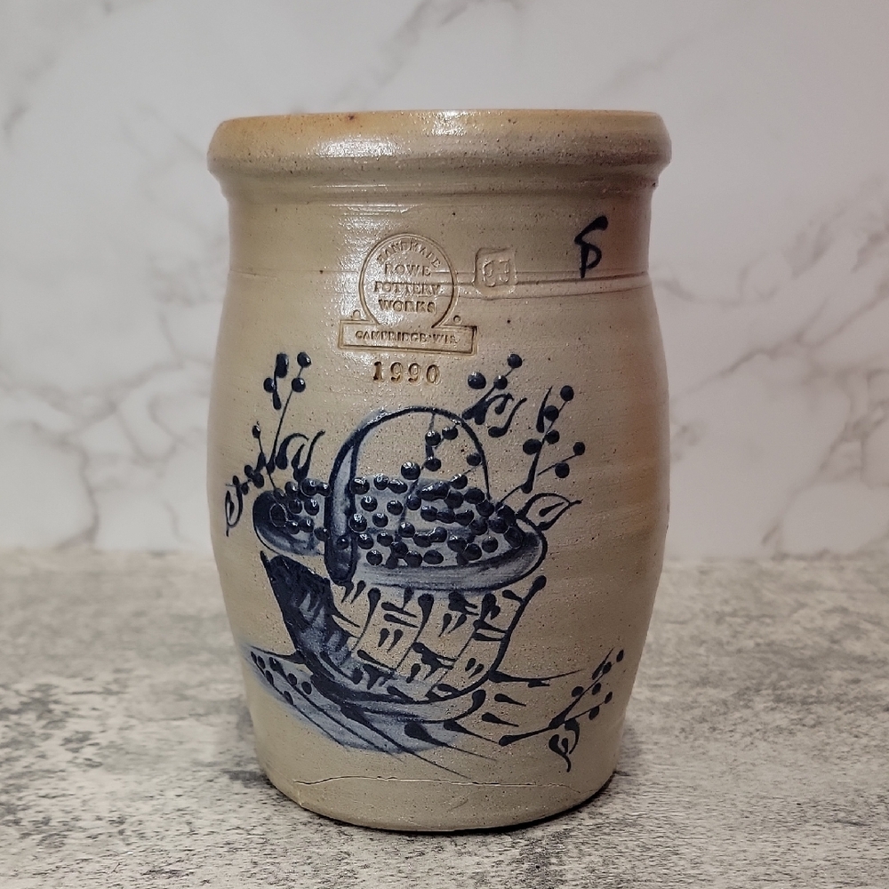 Vintage Rowe Pottery Works Salt Glazed Floral Basket Crock 1990 Discontinued